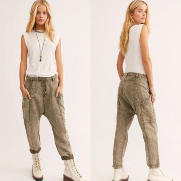 NWT Free People Desert Daze Harem Cargo Pants High Rise Relaxed Army Green - Picture 3 of 12